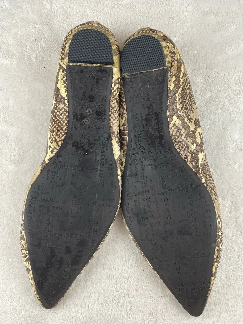 Balmain Pointed Toe Snake-Print Flats — Cream & Brown